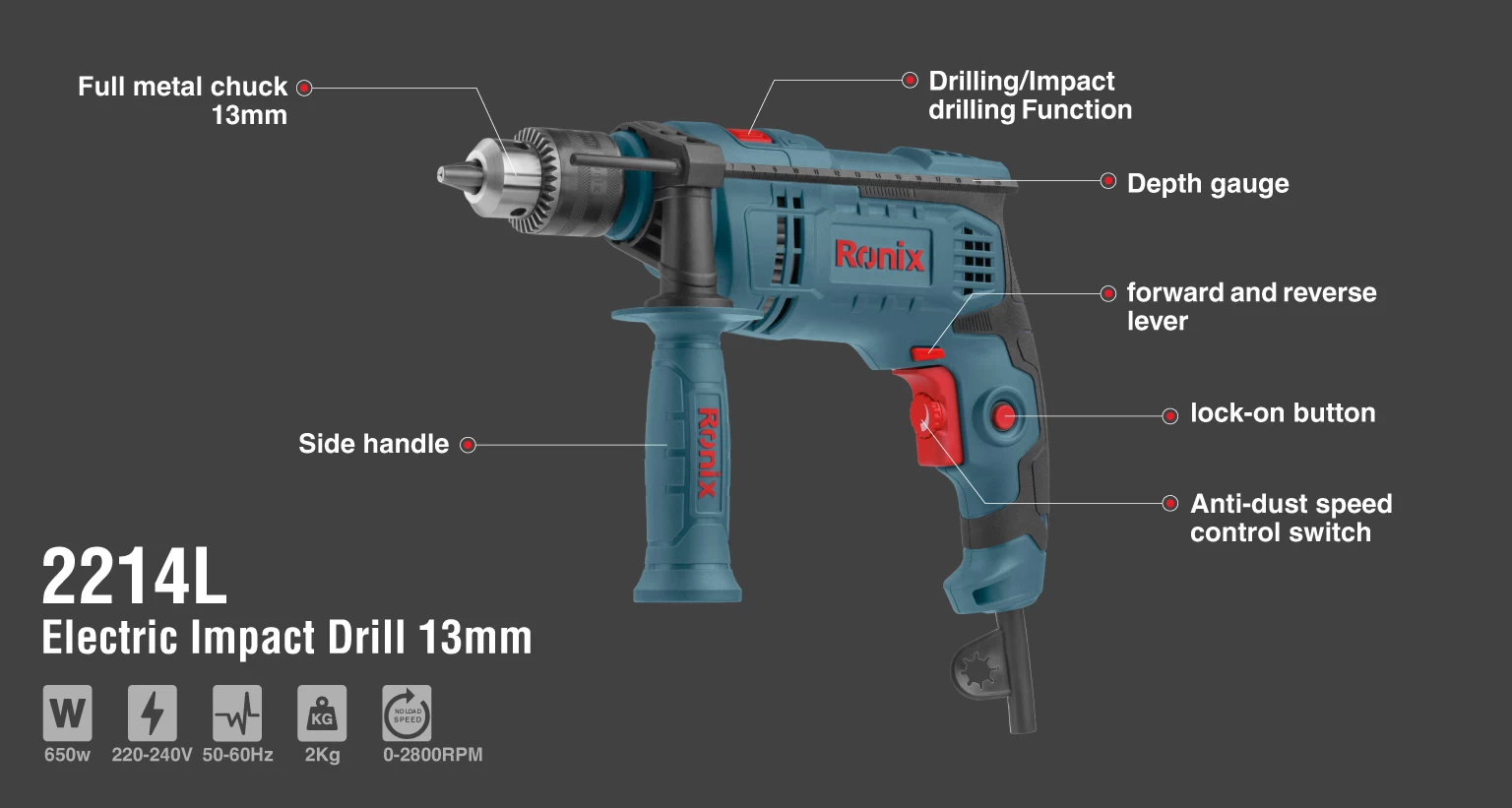 دریل 13 میلی متر چکشی 650 وات-آچاری 2214L